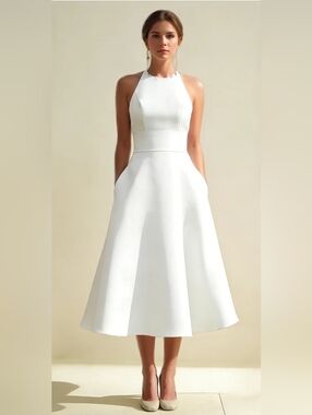 White Halter Midi Dress with Structured Waist
